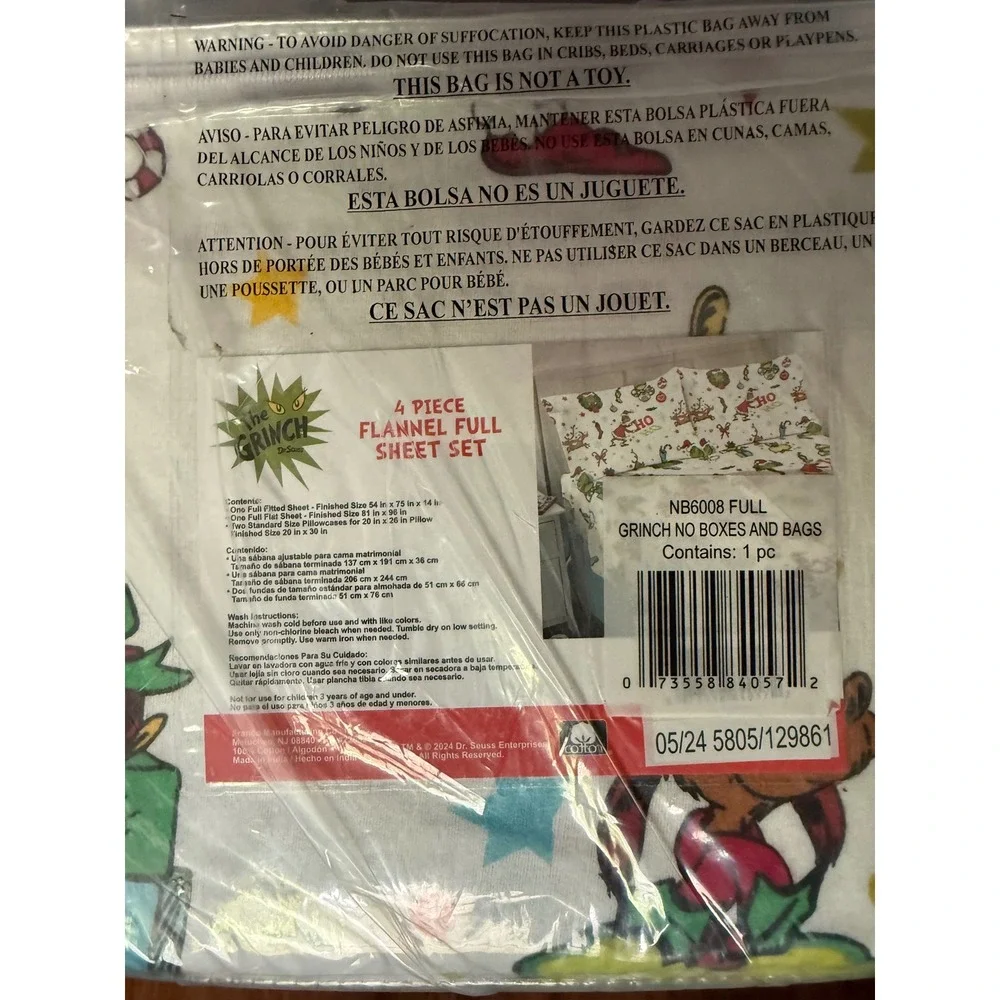 NEW Dr Seuss The Grinch Christmas 4 Piece Flannel Full Sheet Set White NB6008